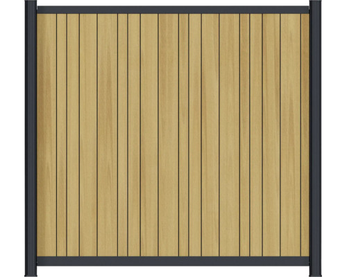 Élément brise vue avec lames aspect bois et cadre métallique pour jardin comme clôture moderne.