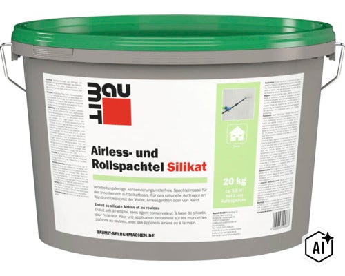 Enduit airless et au rouleau Baumit Silikat en seau de 20 kilogrammes pour applications interieures sur murs et plafonds (Image AI modified or generated)