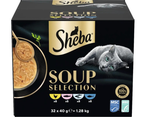Sheba Soup Selection Katzennahrung 32 mal 40 Gramm Multipack mit Huhn und Fisch