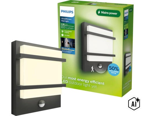 Philips LED Außenwandleuchte Petronia mit Bewegungsmelder in quadratischem Design mit 800 Lumen und 4,3 Watt in der Verpackung (Image AI modified or generated)