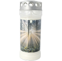 Bougie funéraire avec motif de forêt et couvercle argenté