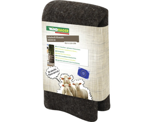 Windhager Schafwoll-Filzmatte Medium 60 x 120 cm als Winterschutz für Pflanzen aus natürlicher Schafwolle in der Produktverpackung.