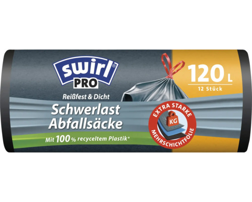 Swirl Pro Schwerlast Abfallsäcke 120 Liter, 12 Stück, aus recyceltem Kunststoff, reißfest und dicht mit Zugband
