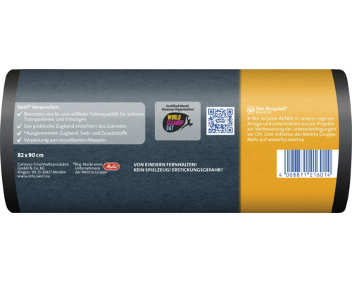 Produktverpackung von Swirl Müllbeuteln mit Zugband, Größe 82 mal 90 Zentimeter, inklusive Nachhaltigkeitsinformationen und Barcode.