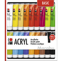 Set de 18 tubes de peinture acrylique Marabu de 36 millilitres chacun pour des projets artistiques et des travaux de peinture créatifs.