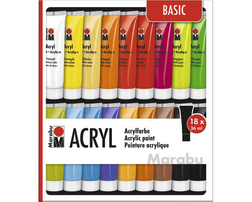 Set mit 18 Tuben Marabu Acrylfarbe jeweils 36 Milliliter Inhalt für kreative Kunstprojekte und Malarbeiten auf verschiedenen Untergründen.