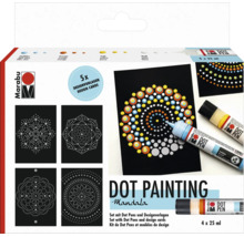 Marabu Dot Painting Mandala Set mit vier Dot Pens zu je 25 Milliliter und fünf Designvorlagen zum Erstellen von Punktmustern.