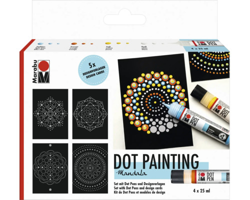 Kit de peinture Marabu Dot Painting Mandala avec quatre stylos point de 25 millilitres chacun et cinq modèles de design pour motifs de points.