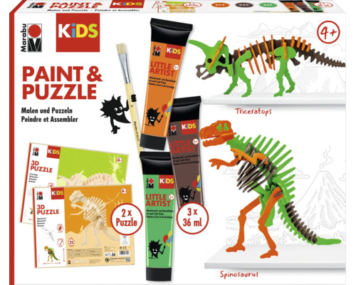 Marabu Kids Paint and Puzzle Bastelset mit zwei 3D Dinosaurier Puzzles, drei Tuben Bastelfarbe und einem Pinsel für Kinder ab vier Jahren.