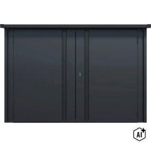Armoire de jardin en métal avec doubles portes et serrure pour un rangement sécurisé en extérieur. (Image AI modified or generated)