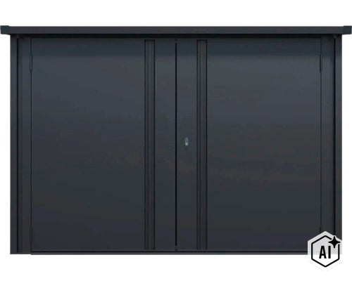 Armoire de jardin en métal avec doubles portes et serrure pour un rangement sécurisé en extérieur. (Image AI modified or generated)