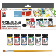 Ensemble de peinture pour porcelaine et verre Marabu avec 6 flacons de 15 millilitres et un pinceau pour décorer la porcelaine et le verre