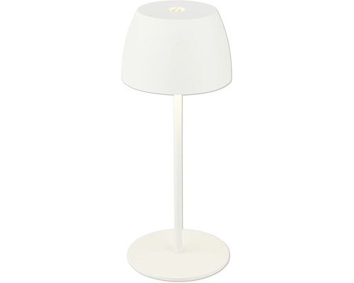Moderne LED Tischleuchte mit schirmförmigem Leuchtenkopf und rundem Standfuß für den Innenbereich.