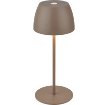 Moderne LED Tischleuchte mit pilzförmigem Schirm und rundem Standfuß aus Metall.