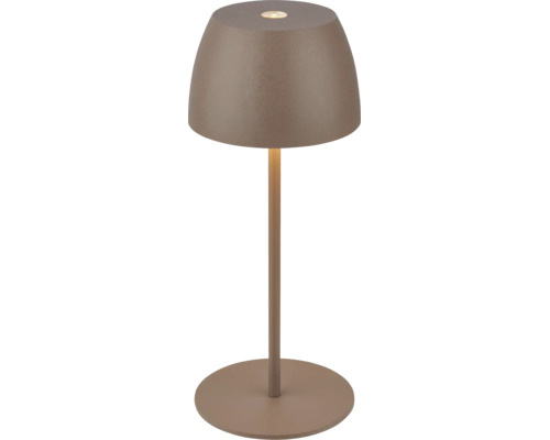 Moderne LED Tischleuchte mit pilzförmigem Schirm und rundem Standfuß aus Metall.