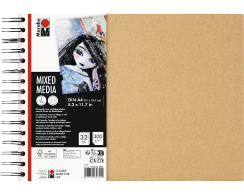 Marabu Mixed Media Skizzenblock im Format DIN A4 mit 32 Blatt Papier in 300 Gramm pro Quadratmeter Qualität und Spiralbindung