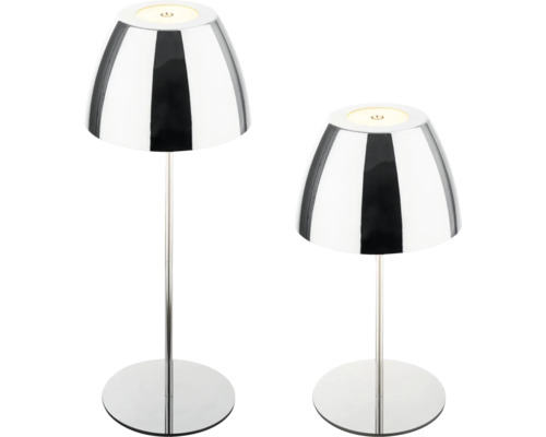 Deux lampes de table LED modernes avec une surface brillante et un interrupteur tactile intégré.