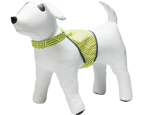 Harnais pour chien avec motif géométrique réfléchissant présenté sur une figurine de chien