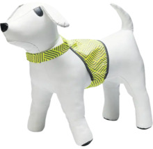 Harnais pour chien avec motif géométrique réfléchissant présenté sur une figurine de chien