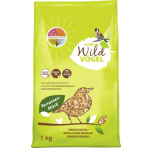 Packung Wildvogelfutter als Terrassen Müsli mit geschälten Sonnenblumenkernen und Erdnusskernen, 1 Kilogramm.