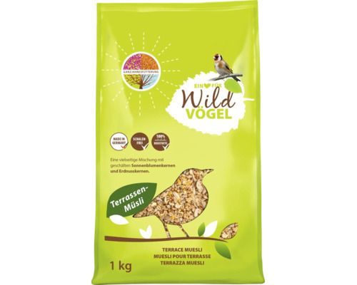 Packung Wildvogelfutter als Terrassen Müsli mit geschälten Sonnenblumenkernen und Erdnusskernen, 1 Kilogramm.