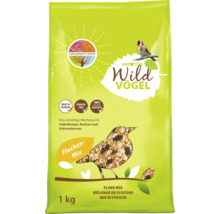 Ein Herz für Wildvögel Flocken-Mix Vogelfutter, 1 Kilogramm Packung mit Haferflocken, Rosinen und Erdnusskernen.