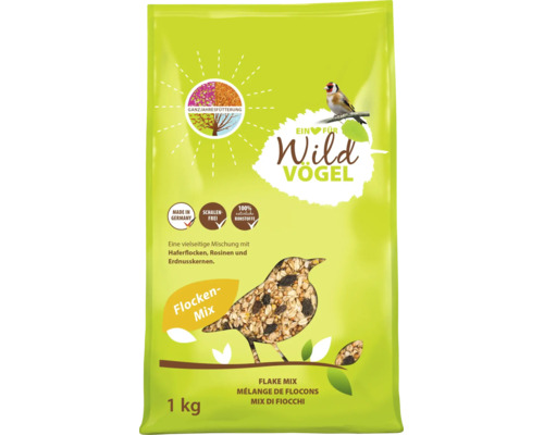 Ein Herz für Wildvögel Flocken-Mix Vogelfutter, 1 Kilogramm Packung mit Haferflocken, Rosinen und Erdnusskernen.