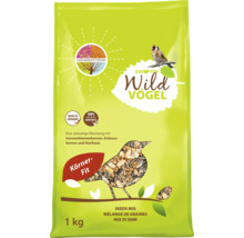 Eine ein Kilogramm Packung Wildvogelfutter mit einer Mischung aus Sonnenblumenkernen Erdnusskernen und Hanfsaat für die ganzjährige Fütterung.