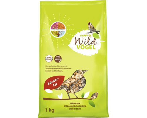 Eine ein Kilogramm Packung Wildvogelfutter mit einer Mischung aus Sonnenblumenkernen Erdnusskernen und Hanfsaat für die ganzjährige Fütterung.