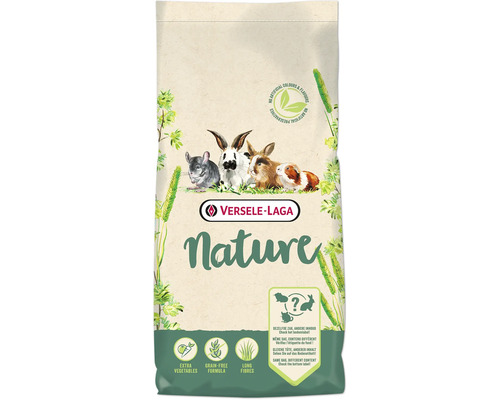 Emballage d'aliment pour animaux Versele-Laga Nature avec illustrations de rongeurs, formule sans céréales avec légumes et longues fibres.