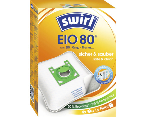 Sac aspirateur Swirl EIO 80 pour aspirateurs EIO Quigg Thomas avec filtration Mikropor Plus comprenant quatre sacs et un filtre