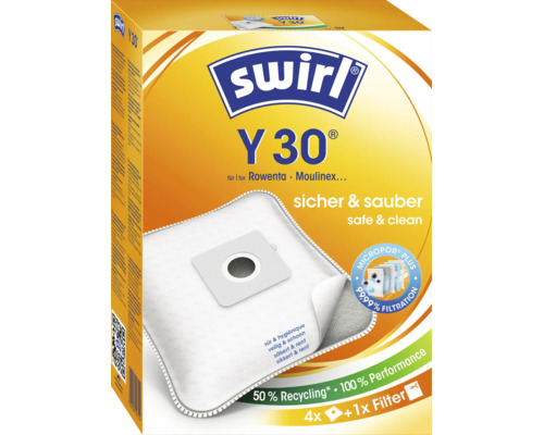 Swirl Staubsaugerbeutel Y 30 für Rowenta und Moulinex Staubsauger, Packung mit vier Beuteln und einem Filter.