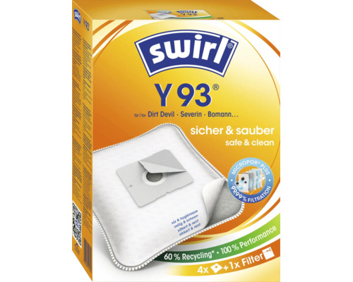 Sacs aspirateur Swirl Y 93 pour aspirateurs Dirt Devil, Severin et Bomann, paquet de 4 sacs aspirateur et 1 filtre