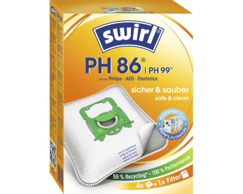 Sacs aspirateur Swirl PH 86 pour aspirateurs Philips, AEG et Electrolux avec 4 sacs et 1 filtre incluant la filtration Micropor Plus.