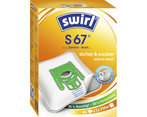 Sacs aspirateur Swirl S 67 pour aspirateurs Siemens et Bosch avec 4 sacs et 1 filtre par paquet.