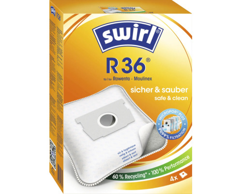 Sac aspirateur Swirl R 36 pour Rowenta et Moulinex, paquet de 4 pièces avec filtration Micropor Plus.