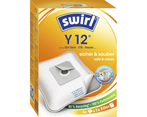 Sac aspirateur Swirl Y 12 avec technologie de filtration Micropor Plus pour divers modèles d aspirateurs, contient 4 sacs et 1 filtre.
