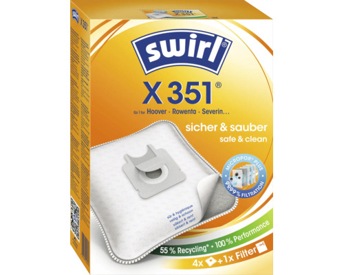 Sac aspirateur Swirl X 351 Micropor Plus pour aspirateurs Hoover Rowenta et Severin paquet de 4 sacs aspirateur et un filtre