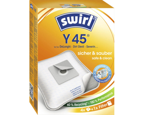 Sac aspirateur Swirl Y 45 pour aspirateurs DeLonghi, Dirt Devil et Severin, paquet contenant quatre sacs et un filtre.
