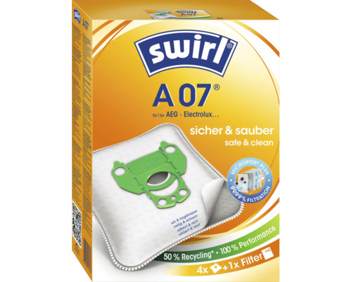Sacs aspirateur Swirl A 07 pour aspirateurs AEG et Electrolux, paquet de 4 sacs et 1 filtre avec filtration Micropor Plus.