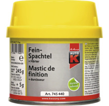 Pot de mastic de finition Auto K avec durcisseur, contenu 245 grammes de mastic et 5 grammes de durcisseur, pour réparations sur plastique et métal.