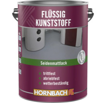 Un pot de peinture Hornbach plastique liquide satiné, adapté pour les revêtements de sol résistants au piétinement, à l'abrasion et aux intempéries.