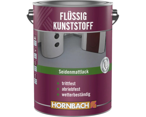 Eine Dose Hornbach Flüssigkunststoff Seidenmattlack, geeignet für trittfeste, abriebfeste und wetterbeständige Bodenbeschichtungen.