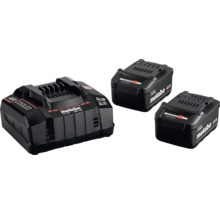 Chargeur rapide Metabo ASC 145 avec deux batteries Li-Power 18 volts incluant la technologie Cordless Alliance System.