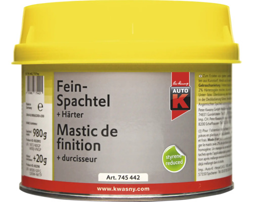 Pot de mastic de finition Auto K avec durcisseur 980 grammes plus 20 grammes pour réparations de carrosserie