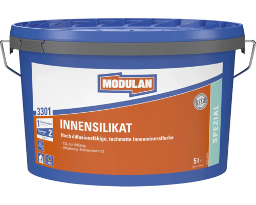 Peinture murale Modulan Innensilikat en seau de 5 litres pour des couches intérieures hautement diffusibles et mates avec protection anti moisissure.