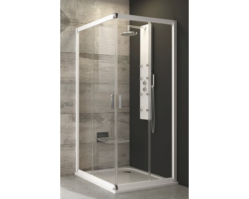 Accès d'angle avec porte coulissante RAVAK 90 x 90 cm Profilé blanc Verre transparent Accès d'angle avec porte coulissante RAVAK 90 x 90 cm Profilé blanc Verre transparent