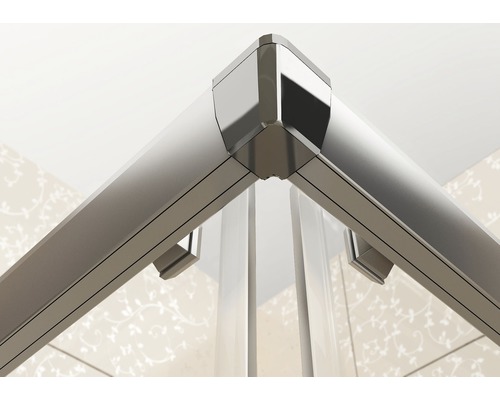 Detailaufnahme eines Eckprofils einer Duschkabine aus Metall und Glas