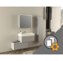 Ensemble de meubles de salle de bain moderne comprenant un meuble sous vasque avec lavabo, une armoire de toilette et une colonne.
