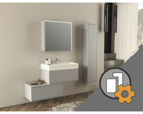 Ensemble de meubles de salle de bain moderne comprenant un meuble sous vasque avec lavabo, une armoire de toilette et une colonne.